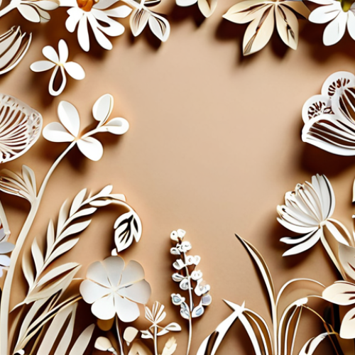 Home 23 **Delicate paper-cut flowers:** Intricate paper cut design featuring various types of flowers blooming in a garden setting. Focus on the delicate details of petals and stems.
