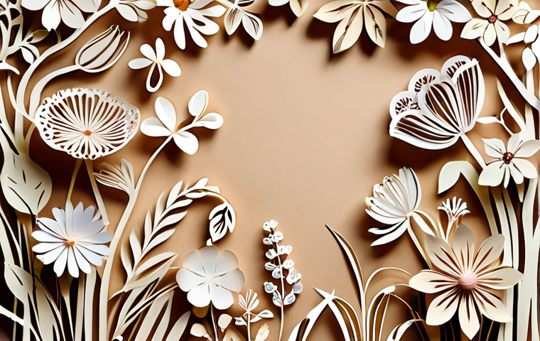 **Delicate paper-cut flowers:** Intricate paper cut design featuring various types of flowers blooming in a garden setting. Focus on the delicate details of petals and stems.