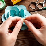**A cozy crafting scene:** Close-up shot of hands crafting a paper flower on a wooden table. Various colorful papers, scissors, glue, and other craft supplies are scattered around. Soft, natural lighting to evoke a sense of relaxation and creativity. Focus on the detail of the paper flower and the texture of the materials.