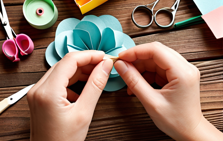 **A cozy crafting scene:** Close-up shot of hands crafting a paper flower on a wooden table. Various colorful papers, scissors, glue, and other craft supplies are scattered around. Soft, natural lighting to evoke a sense of relaxation and creativity. Focus on the detail of the paper flower and the texture of the materials.