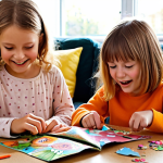 A vibrant, close-up scene of two young Dutch children (around 6-8 years old) deeply immersed in crafting with recycled paper and cardboard. One child is meticulously cutting out shapes from a colorful magazine, while the other proudly holds up a whimsical, handmade animal figure made from a repurposed cereal box and toilet paper roll, eyes twinkling with delight. The table is a joyful mess of paper scraps, child-safe scissors, glue sticks, and various upcycled materials like empty egg cartons and wrapping paper remnants. Soft, natural light fills a cozy Dutch living room setting, emphasizing the warmth, concentration, and boundless imagination of children engaged in tangible, sustainable play. Focus on the expressions of pure joy and creative dedication.