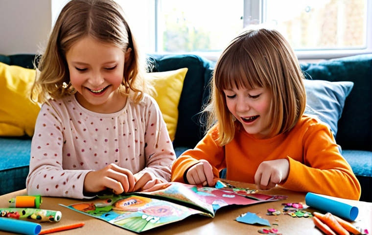 A vibrant, close-up scene of two young Dutch children (around 6-8 years old) deeply immersed in crafting with recycled paper and cardboard. One child is meticulously cutting out shapes from a colorful magazine, while the other proudly holds up a whimsical, handmade animal figure made from a repurposed cereal box and toilet paper roll, eyes twinkling with delight. The table is a joyful mess of paper scraps, child-safe scissors, glue sticks, and various upcycled materials like empty egg cartons and wrapping paper remnants. Soft, natural light fills a cozy Dutch living room setting, emphasizing the warmth, concentration, and boundless imagination of children engaged in tangible, sustainable play. Focus on the expressions of pure joy and creative dedication.