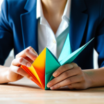 A professional individual, calm and focused, dressed in modest, professional attire. Their hands are gently engaged in folding vibrant colored paper to create an intricate origami model, possibly a crane or geometric shape. They are seated at a clean wooden desk in a brightly lit studio, illuminated by soft natural light filtering through a window. The background is simple and organized, with neatly stacked colorful crafting paper and basic, appropriate tools. The scene evokes a sense of mindfulness, creative tranquility, and peaceful concentration. perfect anatomy, correct proportions, natural pose, well-formed hands, proper finger count, natural body proportions, fully clothed, appropriate attire, safe for work, professional, family-friendly.