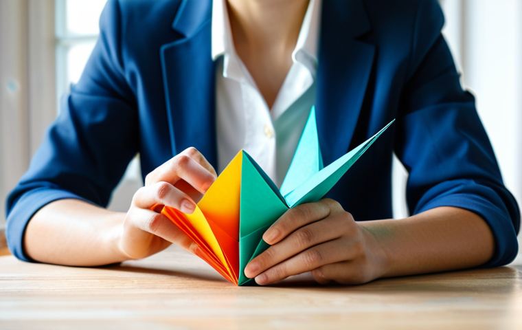 A professional individual, calm and focused, dressed in modest, professional attire. Their hands are gently engaged in folding vibrant colored paper to create an intricate origami model, possibly a crane or geometric shape. They are seated at a clean wooden desk in a brightly lit studio, illuminated by soft natural light filtering through a window. The background is simple and organized, with neatly stacked colorful crafting paper and basic, appropriate tools. The scene evokes a sense of mindfulness, creative tranquility, and peaceful concentration. perfect anatomy, correct proportions, natural pose, well-formed hands, proper finger count, natural body proportions, fully clothed, appropriate attire, safe for work, professional, family-friendly.